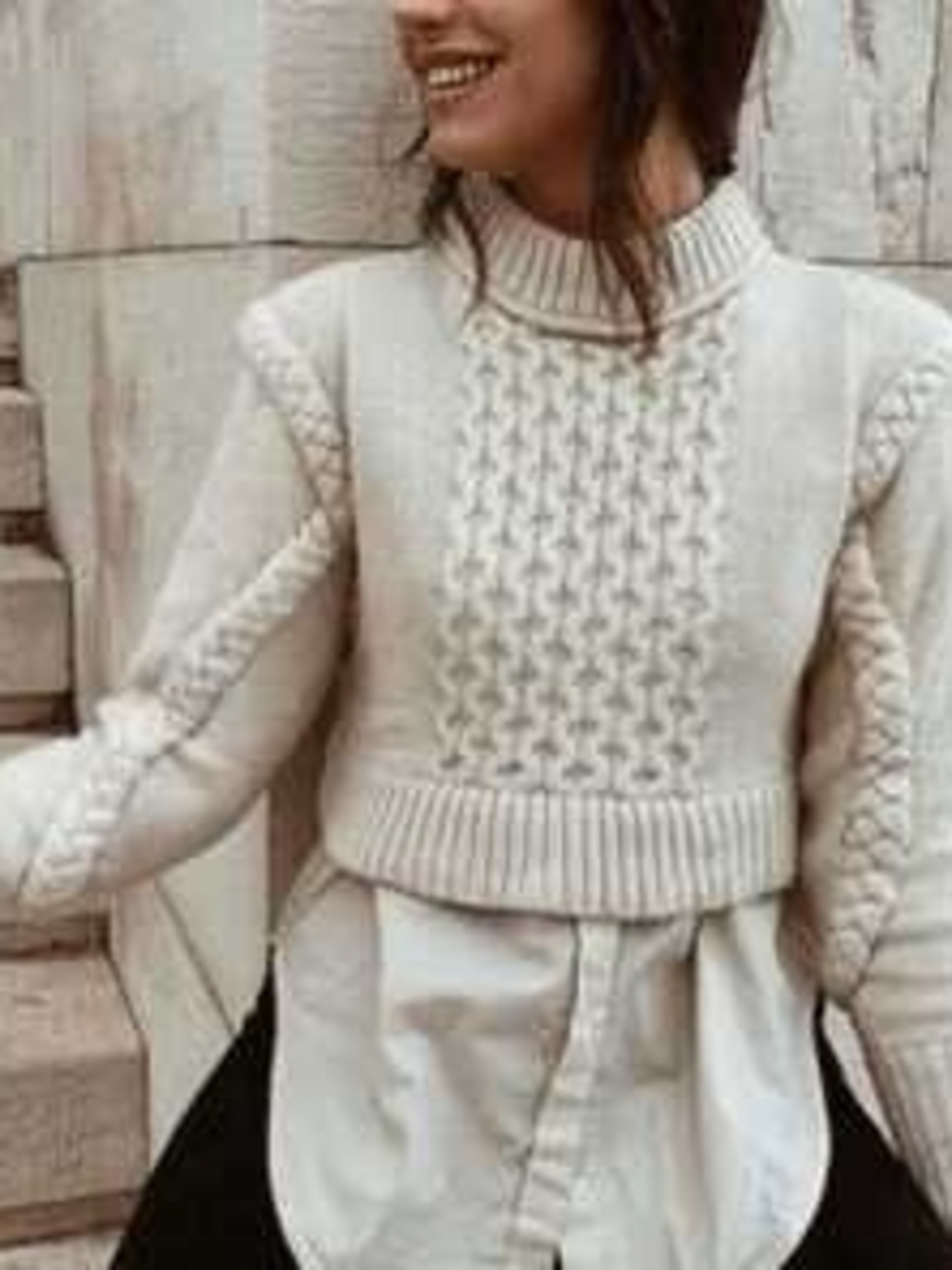Zara Cream Cable-Knit Cropped Turtleneck Sweater